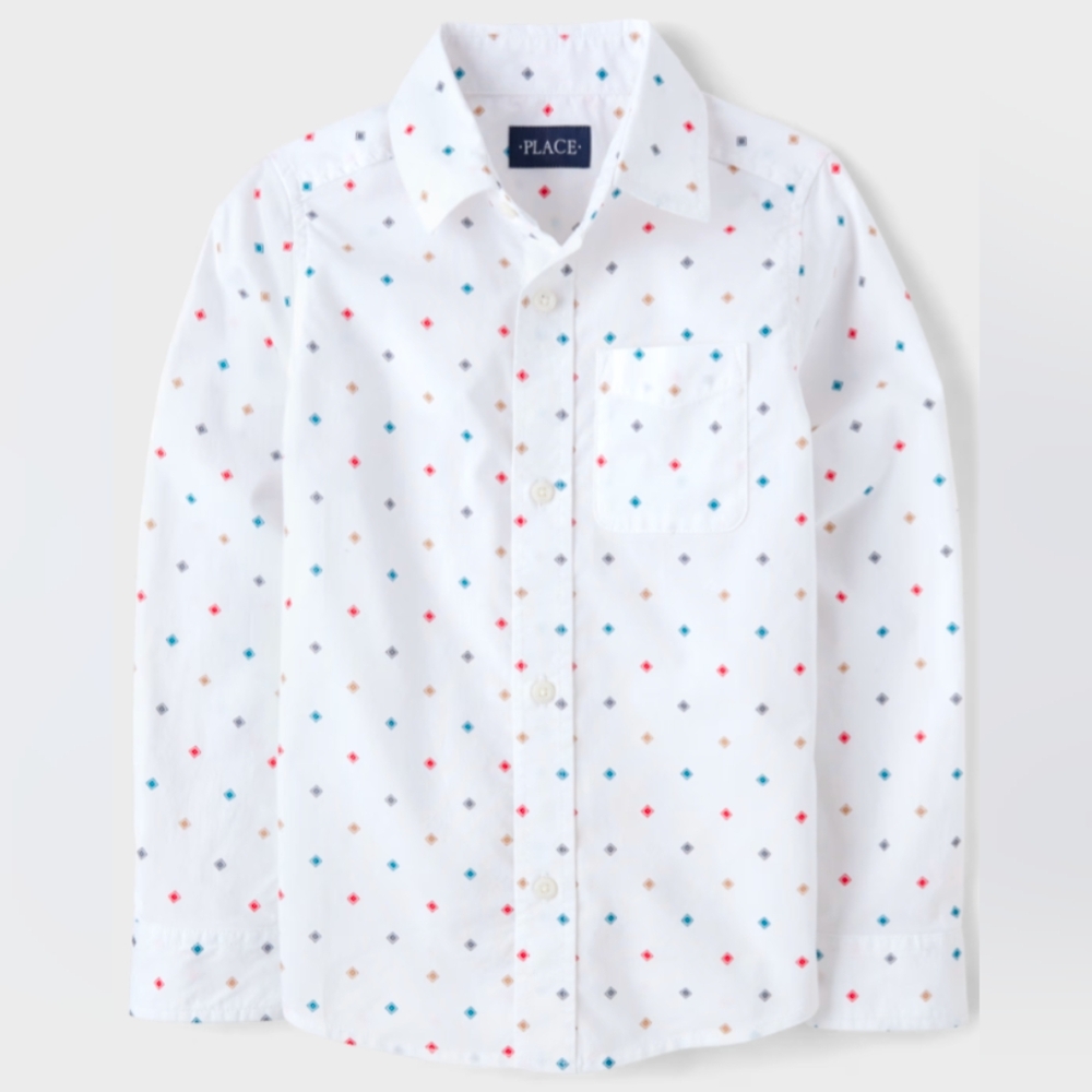 THE CHILDREN'S PLACE Button-Down Shirt White with Multicolor Print Size XXL NWT